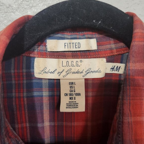 H&M L.O.G.G. Shirt Mens Size L Red Blue Plaid Long Sleeve Fitted - Picture 2 of 7